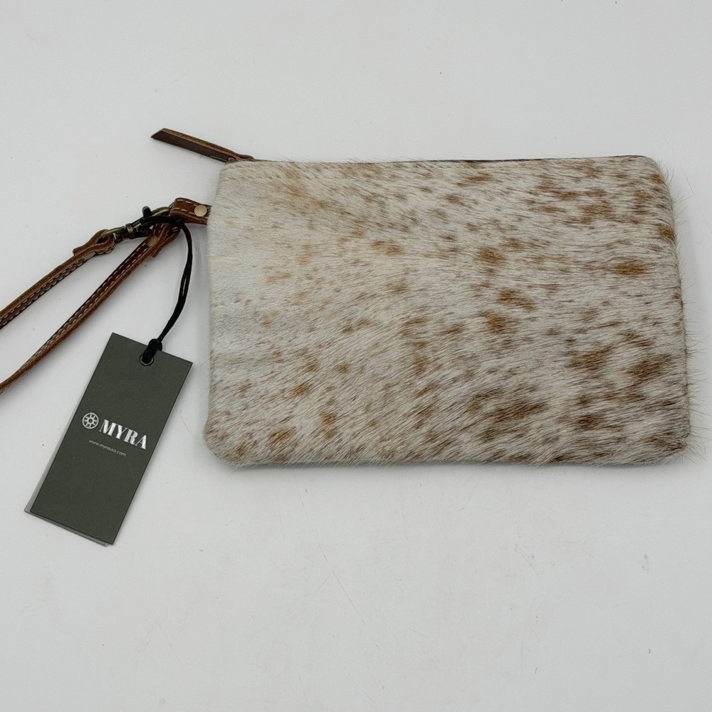 Myra Bag Cowhide Wristlet Clutch Brown White Spotted Hair On Hide NWT Western
